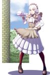  1girl absurdres cup fire_emblem fire_emblem:_three_houses full_body gzo1206 hair_ornament highres holding long_hair long_sleeves lysithea_von_ordelia maid maid_headdress open_mouth pantyhose pink_eyes red_legwear solo teacup teapot tray white_hair 