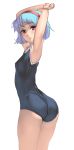  1girl arm_up armpits ass bangs blue_hair breasts cowboy_shot eyebrows_visible_through_hair from_behind hairband highres looking_at_viewer looking_back masao original red_eyes red_hairband school_swimsuit short_hair small_breasts solo swimsuit white_background 