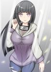  1girl bangs black_hair blue_pants blunt_bangs blush breasts cleavage commentary_request fishnets forehead_protector highres hyuuga_hinata jacket konohagakure_symbol large_breasts lavender_eyes long_hair looking_at_viewer naruto naruto_(series) naruto_shippuuden pants purple_jacket smile solo sumida_kichi 