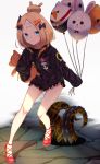  1girl abigail_williams_(fate/grand_order) absurdres balloon bandaid_on_forehead bangs black_bow black_jacket blonde_hair blue_eyes blush bow closed_mouth crossed_bandaids fate/grand_order fate_(series) forehead fou_(fate/grand_order) hair_bun heroic_spirit_traveling_outfit highres hippogriff holding_balloon huge_filesize jacket jun_(540000000000000) legs long_hair long_sleeves looking_at_viewer medjed multiple_bows orange_belt orange_bow parted_bangs polka_dot polka_dot_bow red_footwear simple_background sleeves_past_fingers sleeves_past_wrists smile solo stuffed_animal stuffed_toy teddy_bear tentacles white_background 