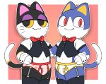  2019 animal_crossing anthro black_body black_fur blue_body blue_fur bow_tie bulge clothing dipstick_tail domestic_cat duo felid feline felis fur male mammal multicolored_tail nintendo punchy_(animal_crossing) pururing rover_(animal_crossing) underwear video_games 