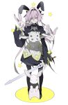  1boy absurdres astolfo_(fate) astolfo_(saber)_(fate) bangs black_bow black_ribbon bow bowtie bunny commentary_request dress fate/grand_order fate_(series) frills grey_hair hair_bow hair_intakes hair_ribbon highres holding holding_sword holding_weapon long_hair long_sleeves looking_at_viewer otoko_no_ko purple_eyes ribbon simple_background sleeves_past_fingers sleeves_past_wrists solo star sword thighhighs twintails umiu_c weapon white_background 