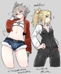  1boy 1girl bangs blonde_hair blue_shorts brown_hair cosplay costume_switch denim denim_shorts fate/apocrypha fate_(series) green_eyes haoro highres jacket long_hair long_sleeves looking_at_viewer midriff mordred_(fate) mordred_(fate)_(all) mordred_(fate)_(cosplay) navel open_clothes open_jacket ponytail red_eyes shirt short_shorts shorts sieg_(fate/apocrypha) sieg_(fate/apocrypha)_(cosplay) waistcoat white_shirt 