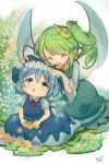  2girls :&lt;&gt; ^_^ absurdres ahoge aqua_dress bangs blue_bow blue_dress blue_eyes blue_hair blush bow bowtie chibi cirno closed_eyes closed_mouth collared_shirt commentary_request daiyousei dress eyebrows_visible_through_hair fairy_wings flower flower_wreath full_body grass green_bow green_hair hair_between_eyes hair_bow hands_on_another&#039;s_head hands_on_lap hands_on_own_legs happy head_wreath highres htk_mikan ice ice_wings long_sleeves looking_up meadow messy_hair multiple_girls neck_ribbon open_mouth orange_flower petals pinafore_dress purple_flower red_flower red_neckwear red_ribbon ribbon shirt short_hair short_sleeves side_ponytail sidelocks signature sitting skirt_basket swept_bangs touhou white_background white_flower white_shirt wide_sleeves wing_collar wings wreath yellow_bow yellow_flower yellow_neckwear 