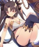  1girl ass bangs bare_shoulders black_legwear black_ribbon breasts brown_hair cleavage closed_mouth collarbone commentary_request crop_top earrings eyebrows_visible_through_hair fate/grand_order fate_(series) hair_between_eyes hair_ribbon hoop_earrings ishtar_(fate/grand_order) jewelry knees_up long_hair parted_bangs red_eyes ribbon single_thighhigh small_breasts smile solo strapless thighhighs tiara two_side_up very_long_hair white_background yura_(botyurara) 