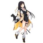  1girl bangs black_gloves black_hair black_skirt black_vest blush breasts coat collared_shirt damaged eyebrows_visible_through_hair fingerless_gloves fire full_body fur-trimmed_coat fur_trim girls_frontline gloves gun hair_ribbon hairband half-closed_eyes hand_on_hip holding holding_coat holding_gun holding_weapon leaning_forward long_hair looking_at_viewer off_shoulder open_clothes open_coat open_mouth pouch qbu-88 qbu-88_(girls_frontline) ribbon rifle scope shirt shoes shuzi sidelocks skirt small_breasts sniper_rifle thigh_strap torn_clothes transparent_background vest weapon white_shirt yellow_coat yellow_eyes yellow_hairband yellow_ribbon 