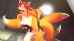  16:9 3d_(artwork) anthro bed breasts canid canine canis digital_media_(artwork) female fox furniture hair hi_res holding_breast holding_butt irondragon5150 licking licking_lips mammal nude red_hair smile solo source_filmmaker tails_(disambiguation) tongue tongue_out 