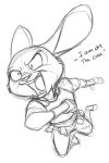  ! anthro black_and_white cheek_tuft clothed clothing dialogue disney english_text facial_tuft fully_clothed fur judy_hopps lagomorph leporid mammal monochrome open_mouth police_uniform rabbit secoh2000 simple_background sketch solo teeth text tuft uniform white_background zootopia 