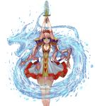  1girl arms_up bangs blonde_hair breasts cleavage dragon dress eastern_dragon eyebrows_visible_through_hair green_eyes hat highres holding holding_weapon large_breasts long_hair masao original quad_tails short_sleeves solo very_long_hair water weapon white_background white_dress 