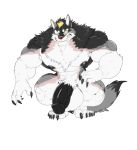  2019 5_fingers 5_toes anthro balls bfw big_balls big_muscles big_penis black_body black_fur black_nipples black_nose blonde_hair canid canine canis crouching cursedmarked fingers flaccid flexing fur grey_body grey_fur hair hi_res huge_balls huge_muscles huge_penis looking_at_viewer male mammal multitone_fur muscular muscular_male nipples penis plantigrade simple_background solo toes vein veiny_penis white_background white_body white_fur wolf yellow_sclera 
