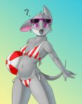  ? ball beach_ball bikini black_nose breasts clothing creatiffy eyewear fur geronimo_stilton_(series) grey_body grey_fur hi_res looking_at_viewer mammal mouse murid murine navel purple_eyes rodent side-tie_bikini simple_background small_breasts striped_bikini sunglasses swimwear thea_stilton white_body white_fur 