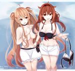  2girls blonde_hair cake_no_shaberu highres kantai_collection long_hair multiple_girls murasame_(kantai_collection) orange_eyes orange_hair shiratsuyu_(kantai_collection) simple_background smile standing swimsuit twintails 