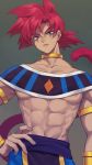  1boy armlet belt blue_pants brown_eyes colagabunomidb dragon_ball dragon_ball_super dragon_ball_z egyptian_clothes grey_background highres looking_at_viewer male_focus monkey_tail muscle pants red_hair solo son_gokuu super_saiyan_god tagme tail 