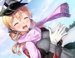  1girl :d ^_^ anchor_hair_ornament blonde_hair blue_sky blush closed_eyes cloud day eyebrows_visible_through_hair gloves grey_headwear hair_between_eyes hair_ornament hat imachireki kantai_collection long_hair open_mouth outdoors peaked_cap pink_scarf prinz_eugen_(kantai_collection) scarf short_twintails sky smile snow solo twintails white_gloves 