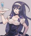  1girl ahoge alternate_costume apron blue_eyes blue_hair breasts dress frilled_sleeves frills hairband happy highres holding holding_tray huge_ahoge long_hair maid maid_apron maid_dress medium_breasts nazo_smile open_mouth orie_(under_night_in-birth) smile solo tray under_night_in-birth upper_body very_long_hair white_hairband 