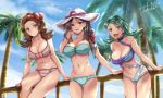  3girls :d against_fence aqua_bikini aqua_hair ass_visible_through_thighs bare_arms bare_shoulders bikini bird black_hair blue_(pokemon) blush bow breasts brown_hair casual_one-piece_swimsuit cleavage closed_mouth cloud collarbone crystal_(pokemon) day fence green_eyes hair_bow hair_ornament hair_over_shoulder hairband hairclip hand_in_hair hat highres kotone_(pokemon) large_breasts leaning_forward long_hair looking_at_viewer low_ponytail low_twintails multiple_girls navel older one-piece_swimsuit open_mouth orange_eyes outdoors palm_tree pokemon pokemon_(game) pokemon_frlg pokemon_gsc pokemon_hgss purple_eyes red_bikini red_bow red_hairband signature sitting smile stomach strapless strapless_bikini striped striped_bikini sun_hat swimsuit takecha thigh_gap thighs tree twintails white_headwear x_hair_ornament 