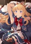  1girl armpits bangs bed belt black_gloves black_legwear blonde_hair blue_cape blue_eyes blue_skirt blush bound bound_wrists bow bowtie bracelet cagliostro_(granblue_fantasy) cape clenched_teeth gloves granblue_fantasy hairband hinami_(hinatamizu) jewelry long_hair long_sleeves lying partly_fingerless_gloves pillow red_neckwear ribbon shirt skirt solo spiked_hairband spikes sweat teeth thighhighs tiara vial white_shirt 