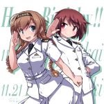  2girls 547th_sy alice_gear_aegis alternate_costume background_text bangs black_neckwear blue_eyes blush breast_pocket breasts buttons clothes_writing crossover dated english_text eyebrows_visible_through_hair hachimaki hair_ornament headband highres himukai_rin kantai_collection long_hair long_sleeves military military_uniform multiple_girls necktie open_mouth pocket propeller_hair_ornament red_eyes salute short_hair short_sleeves signature smile teruzuki_(kantai_collection) uniform white_background 