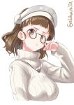  1girl blush breasts brown_eyes brown_hair capelet ebifurya glasses headdress highres kantai_collection large_breasts long_sleeves looking_at_viewer open_mouth pince-nez roma_(kantai_collection) short_hair simple_background sweater twitter_username wavy_hair white_background white_sweater 