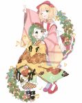  2girls :o ;d absurdres apron arm_up black_footwear blonde_hair bloomers blush drill_hair floral_print flower food fruit full_body green_hair hair_ribbon hat highres hina_ichigo japanese_clothes kakami_(pixiv7616827) kanaria kimono long_sleeves looking_at_another looking_back medium_hair multiple_girls musical_note one_eye_closed open_mouth pantyhose pink_kimono red_footwear red_ribbon ribbon rose_print round_teeth rozen_maiden shoes simple_background sitting smile socks standing strawberry strawberry_blossoms teeth twin_drills underwear v violin_print white_background wide_sleeves yellow_kimono 