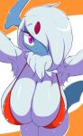  2019 absol anthro anthrofied big_breasts bikini breasts cleavage clothed clothing female fur hi_res looking_at_viewer nintendo pok&eacute;mon pok&eacute;mon_(species) pok&eacute;morph purple_eyes simple_background smile solo sugaru swimwear video_games white_body white_fur 