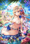  &gt;_&lt; 4girls :3 age_of_ishtaria anklet armlet barefoot beach bikini blonde_hair blue_eyes blue_hair blue_sky breasts chibi cleavage cloud commentary_request company_name copyright_name cup day drink drinking_glass drinking_straw drooling flag flower flower_anklet full_body gradient_hair green_hair hair_flower hair_ornament halterneck headpiece heart heart_eyes hibiscus highres holding holding_cup jewelry long_hair looking_at_viewer medium_breasts multicolored_hair multiple_girls navel nemusuke ocean official_art one_side_up outdoors palm_tree petals purple_hair rose sand_castle sand_sculpture see-through shawl sitting sky smile solo_focus sparkle swimsuit tree water white_bikini wrist_cuffs yokozuwari 