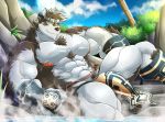  2019 abs absurd_res accessory anthro big_bulge big_muscles black_nose bulge canid canine canis chest_tuft clothed clothing daikitei fur grey_body grey_fur headband hi_res horkeukamui huge_muscles loincloth looking_at_viewer male mammal multicolored_body multicolored_fur muscular muscular_male nipples pecs pink_nipples solo tokyo_afterschool_summoners topless tuft two_tone_body two_tone_fur video_games white_body white_fur wolf yellow_eyes 