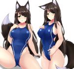  2girls animal_ears ass bare_arms bare_shoulders black_hair blue_swimsuit breasts collarbone competition_swimsuit covered_navel covered_nipples fox_ears fox_girl fox_tail groin hand_on_own_chest hand_up highleg highres large_breasts long_hair looking_at_viewer multiple_girls one-piece_swimsuit original parted_lips siblings simple_background smile sogaya swimsuit tail thighs twins white_background 