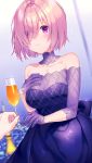  1girl alcohol bare_shoulders blurry blurry_background blush breasts champagne champagne_flute cleavage closed_mouth cocktail_dress collarbone commentary cup depth_of_field detached_collar dress drinking_glass eiffel_tower eyebrows_visible_through_hair eyes_visible_through_hair fate/grand_order fate_(series) gloves hair_over_one_eye hand_on_own_chest highres holding holding_cup indoors kuroki_(ma-na-tu) long_sleeves mash_kyrielight medium_breasts off-shoulder_dress off_shoulder pink_hair purple_dress purple_eyes purple_gloves short_hair solo 