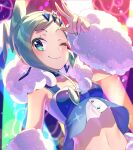  1girl arm_warmers blurry blush buttons choker closed_mouth collarbone commentary_request earrings green_eyes green_hair hair_ornament hand_up highres idol jewelry lisia_(pokemon) looking_at_viewer midriff navel one_eye_closed pokemon pokemon_(game) pokemon_oras sidelocks smile solo w yupiteru 