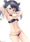  1girl armpits arms_behind_head asymmetrical_bangs bangs bikini black_bikini black_choker black_hair breasts choker closed_mouth green_eyes hair_ribbon highres joko_jmc looking_at_viewer mary_(pokemon) medium_breasts navel o-ring o-ring_bikini o-ring_top patreon_username pink_ribbon pokemon pokemon_(game) pokemon_swsh ribbon shirt simple_background solo standing stomach_tattoo swimsuit tattoo twintails undercut white_background 