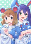  2girls :d ^_^ animal_ears apron azurill bangs blue_background blue_dress blue_eyes blue_hair blue_hairband bracelet brown_hair bunny_ears closed_eyes dress eyebrows_visible_through_hair fake_animal_ears gen_3_pokemon green_eyes hairband highres holding holding_pokemon idolmaster idolmaster_million_live! jewelry kuro_kinkan long_hair looking_at_viewer mouse_ears multiple_girls open_mouth pokemon_(creature) polka_dot polka_dot_background puffy_short_sleeves puffy_sleeves short_hair short_sleeves smile suou_momoko white_apron 
