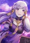  1girl arm_at_side bangs cloud commentary_request cowboy_shot detached_sleeves dress eyebrows_visible_through_hair fire_emblem fire_emblem:_three_houses hair_ornament hand_in_hair hand_up highres long_sleeves looking_at_viewer lysithea_von_ordelia outdoors parted_lips purple_dress purple_ribbon ribbon signature sketch smile solo tassel yukimiyuki 