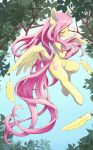  1girl animal_ears closed_eyes feathers fluttershy fur furry highres leaf long_hair my_little_pony my_little_pony_friendship_is_magic pegasus pink_hair sky tail tree unousaya wings yellow_eyes 