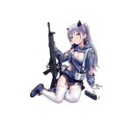  1girl arm_support assault_rifle bangs blush boots bra breasts bullet cartridge closed_mouth cross-laced_footwear fkey garter_straps girls_frontline gloves gun h&amp;k_hk33 hk33_(girls_frontline) holding holding_gun holding_weapon jacket long_hair long_sleeves looking_at_viewer magazine_(weapon) ponytail red_eyes rifle silver_hair simple_background sitting small_breasts solo thighhighs torn_clothes torn_legwear transparent_background underwear weapon white_background white_bra white_gloves white_legwear yokozuwari 
