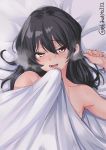  1girl arm_up bed bed_sheet black_hair blanket blush collarbone ebifurya grey_eyes hair_ornament half-closed_eyes heavy_breathing highres kantai_collection long_hair looking_at_viewer lying naked_sheet on_back on_bed open_mouth out_of_frame oyashio_(kantai_collection) sweat twitter_username under_covers upper_body 