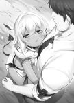  1boy 1girl cheek_press dark_skin demon_tail eyebrows_visible_through_hair from_above greyscale hair_between_eyes height_difference highres hug looking_at_another looking_down looking_up m-da_s-tarou monochrome open_clothes open_shirt rocoroco shirt short_hair tail tanaka_the_wizard white_shirt 