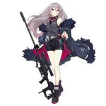  1girl bangs black_footwear black_gloves black_shorts boots breasts coat cross-laced_footwear earphones feather-trimmed_coat floating_hair full_body girls_frontline gloves goggles goggles_around_neck grey_coat grey_hair grey_tank_top gun holding holding_gun holding_weapon lace-up_boots long_hair long_legs looking_away medium_breasts multicolored_hair multiple_straps off_shoulder official_art open_clothes open_coat purple_eyes purple_hair rifle scope shorts sidelocks single_glove sniper_rifle sola7764 solo streaked_hair t-cms_(girls_frontline) tank_top tinted_eyewear truvelo_cms very_long_hair weapon wristband 