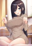  1girl :d barefoot bed black_hair blue_eyes blush breasts dress eyebrows_visible_through_hair eyes_visible_through_hair grey_dress grey_sweater hair_over_one_eye holding indoors large_breasts long_hair long_sleeves looking_at_viewer mimikaki nanasea74 open_mouth original ribbed_sweater sitting smile solo straight_hair sweater sweater_dress turtleneck turtleneck_sweater very_long_hair yokozuwari 