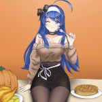  1girl ahoge alternate_costume apron azur_lane bangs bare_shoulders belfast_(azur_lane) belfast_(azur_lane)_(cosplay) blue_eyes blue_hair blush breasts chaesu chicken_(food) cleavage cosplay detached_sleeves eating eyebrows_visible_through_hair food fork hairband highres huge_ahoge long_hair looking_at_viewer maid_headdress medium_breasts orie_(under_night_in-birth) pancake pantyhose pumpkin skirt solo under_night_in-birth very_long_hair waffle white_hairband 