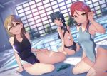  3girls ass bangs barefoot blue_hair brown_hair commentary_request competition_swimsuit from_behind hair_bun hair_ornament hairclip half_updo highleg highleg_swimsuit highres indoors kunikida_hanamaru long_hair looking_at_viewer love_live! love_live!_sunshine!! multiple_girls one-piece_swimsuit pool red_eyes red_hair sakurauchi_riko side_bun sitting smile swimsuit tsushima_yoshiko wet white_swimsuit yamaori_(yamaorimon) yellow_eyes yokozuwari 