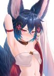  1girl animal_ear_fluff animal_ears armpits arms_up bangs bare_shoulders blue_hair blush breasts brown_collar cleavage closed_mouth collar collarbone commentary_request crossed_bangs erune eyebrows_visible_through_hair eyelashes fang fang_out fox_ears fox_girl fox_tail granblue_fantasy hair_between_eyes hair_ornament highres lips looking_at_viewer multiple_tails navel nose_blush off_shoulder purple_eyes short_hair simple_background slit_pupils small_breasts solo sweat tail tail_raised tomo_(user_hes4085) upper_body white_background you_(granblue_fantasy) 