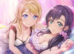  2girls artist_name ayase_eli blonde_hair blue_eyes breasts cleavage commentary eyebrows_visible_through_hair frills green_eyes highres large_breasts long_hair love_live! love_live!_school_idol_project low_twintails multiple_girls pillow purple_hair scrunchie shamakho sleepwear toujou_nozomi twintails 