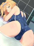  1girl arm_support ass ass_focus bathtub blonde_hair blue_swimsuit blush breasts brown_eyes competition_swimsuit dutch_angle from_behind gambier_bay_(kantai_collection) hairband highres kantai_collection long_hair looking_at_viewer looking_back medium_breasts one-piece_swimsuit shingyo skin_tight solo spread_legs swimsuit thighs tile_floor tiles two-tone_hairband two_side_up water 
