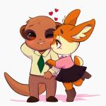  1boy 1girl aggressive_retsuko animal_ears blush boots brown_eyes brown_hair cherrylenn chibi couple furry heart highres komiya_(aggretsuko) necktie paws shirt simple_background skirt smile tail tsunoda_(aggretsuko) 