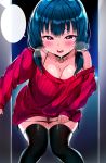  1girl aran_sweater arm_support bangs bent_over black_choker blue_hair blush breasts choker cleavage eyebrows_visible_through_hair half-closed_eyes highres large_breasts long_hair looking_at_viewer love_live! love_live!_sunshine!! open_mouth panties panty_pull purple_eyes red_sweater ribbed_sweater short_twintails shoulder_cutout solo speech_bubble sweat sweater tem10 thighhighs tsushima_yoshiko twintails underwear 