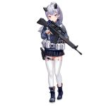  1girl assault_rifle bangs battle_rifle boots closed_mouth cross-laced_footwear fkey garter_straps girls_frontline gloves gun h&amp;k_g3 h&amp;k_g3/sg1 hk33_(girls_frontline) holding holding_gun holding_weapon jacket long_hair long_sleeves looking_at_viewer official_art ponytail red_eyes rifle silver_hair solo thighhighs transparent_background weapon white_gloves white_legwear 