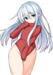  1girl absurdres bangs blue_eyes blue_hair blush closed_mouth commentary_request covering covering_crotch eyebrows_visible_through_hair groin hair_between_eyes hand_up hibiki_(kantai_collection) highres ichi kantai_collection long_hair long_sleeves red_sweater ribbed_sweater simple_background sleeves_past_fingers sleeves_past_wrists solo sweater turtleneck_leotard very_long_hair white_background 