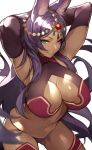  1girl 55level animal_ears arms_behind_head arms_up bangs blue_eyes breasts cleavage commentary_request dark_skin elbow_gloves eyeliner fate/grand_order fate_(series) gloves hair_ornament highres jackal_ears jewelry large_breasts lips long_hair makeup navel parted_bangs purple_hair queen_of_sheba_(fate/grand_order) seductive_smile shiny shiny_hair shiny_skin simple_background smile solo stomach white_background 