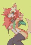  accessory breasts canid canine clothing female flower flower_in_hair fox gesture green_background green_eyes hair hair_accessory hi_res legwear long_hair mammal nervous plant red_hair rykanokk simple_background solo stockings v_sign 